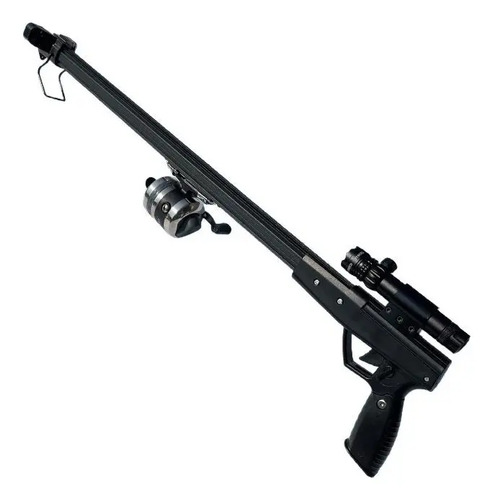 Arpón de pesca deportiva negro con carrete, mira láser y empuñadura pistola, vista frontal completa.