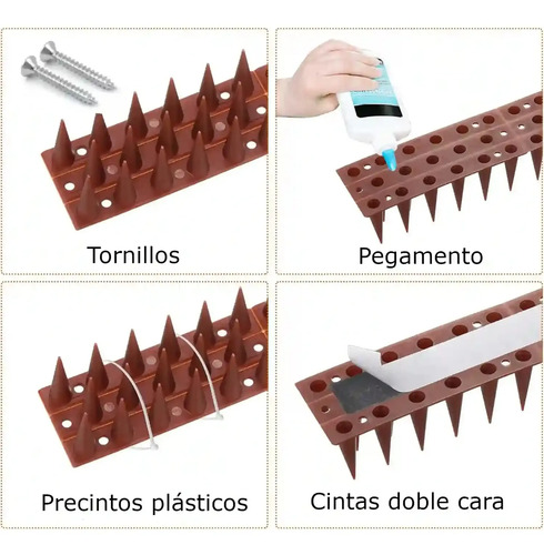 Kit de pinchos espanta palomas mostrando tornillos, pegamento con aplicador, precintos plásticos y cintas doble cara