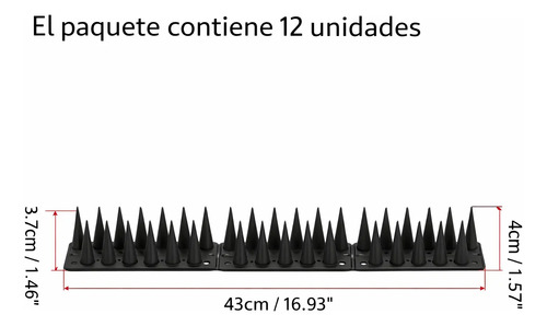 Pinchos espanta palomas negros vista lateral con medidas: 43 cm de largo y 4 cm de altura, paquete de 12 unidades