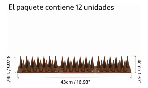 Pinchos espanta pájaros de 43cm de largo y 4cm de altura, vista frontal y lateral con medidas indicadas