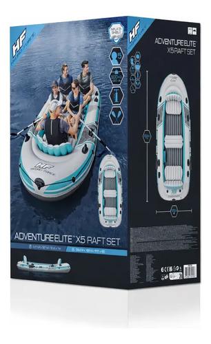 Caja del bote inflable 5 personas Adventure Elite con vista de uso y comparativa de tamaños del set.