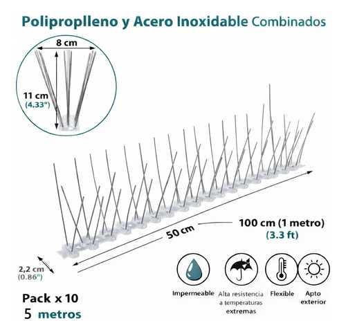 Ahuyenta Palomas Pajaros Pinchos De Acero Base Pvc 5 Metros miniatura 2