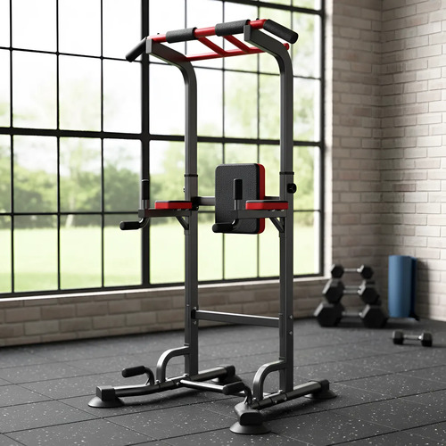 Máquina para dominadas y pullups de acero con estructura gris y rojo, vista frontal en estudio.