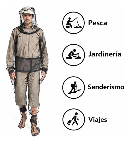 Hombre con traje antimosquitos gris y capucha de malla. Iconos muestran usos: pesca, jardinería, senderismo, viajes.