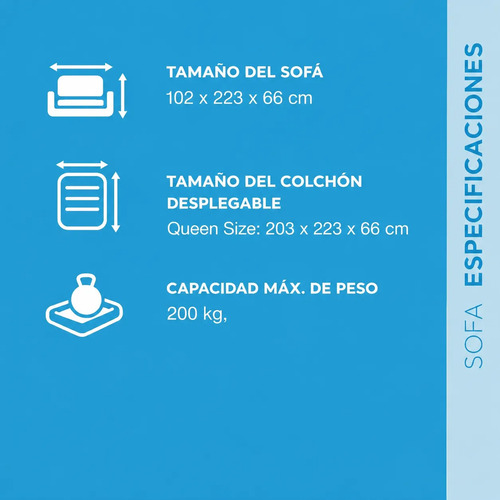 Especificaciones técnicas del sillón cama inflable Queen: medidas, tamaño del colchón desplegable y capacidad máxima de peso
