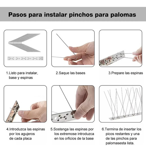 Guía de instalación de pinchos espanta palomas en 6 pasos, mostrando manipulación de componentes y montaje de las púas en la base.
