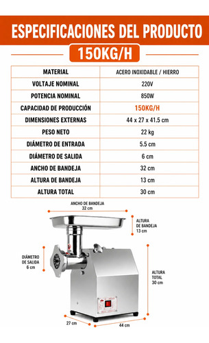 Picadora De Carne Eléctrica Industrial 150kg/h 850w Acero miniatura 3