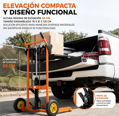 Elevador hidráulico manual naranja con plataforma, especificaciones técnicas y altura máxima de elevación 65 cm