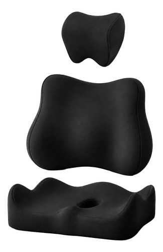 Kit 3 Almohadones Ergonómicos Silla Lumbar Cervical Coxis Negro Liso