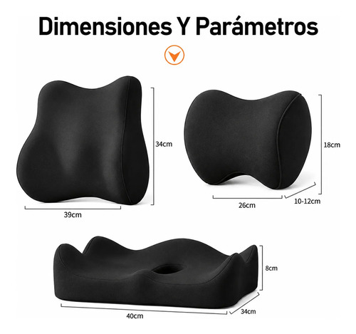 Kit 3 Almohadones Ergonómicos Silla Lumbar Cervical Coxis Negro Liso miniatura 4