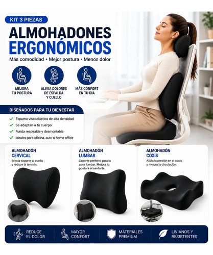 Kit de 3 almohadones ergonómicos: cervical, lumbar y coxis en color negro, con modelo en uso en silla de escritorio