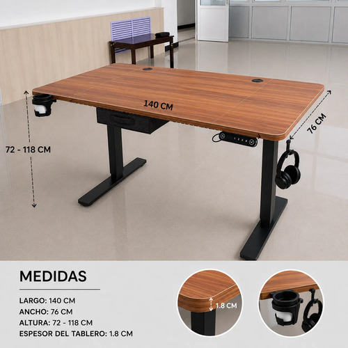 Escritorio eléctrico motorizado tablero marrón 140x76 cm, altura ajustable 72-118 cm, con detalles de medidas y accesorios.