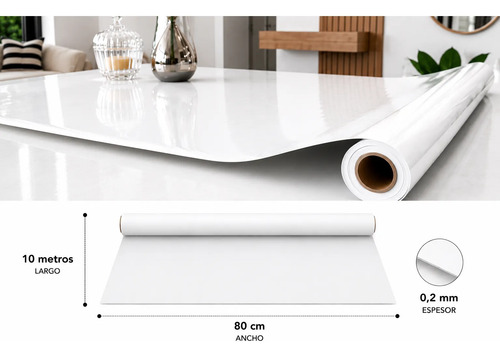 Papel autoadhesivo de 80 cm x 10 m con espesor de 0,2 mm, mostrado enrollado y extendido