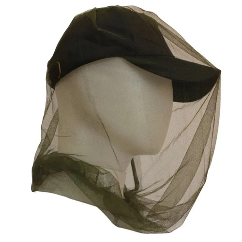Gorro antimosquitos con red facial transparente vista desde el costado, mostrando cobertura completa de cabeza y cara.