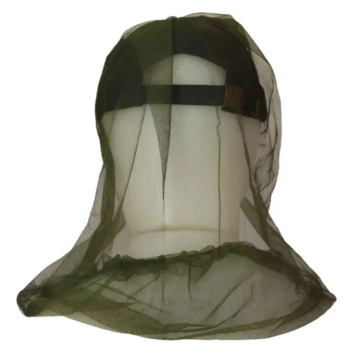 Gorro antimosquitos vista lateral mostrando red facial de malla verde musgo y estructura de protección completa