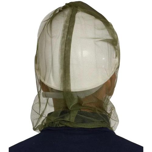 Gorro mosquitero de malla verde musgo cubriendo completamente la cabeza y cara, con bandas laterales de tela oscura.