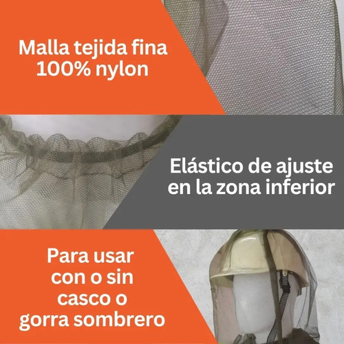 Infografía del mosquitero facial mostrando malla tejida fina 100% nylon, elástico de ajuste inferior y compatibilidad con casco o gorra