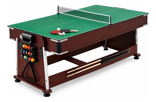 Mesa de billar convertible 4 en 1 con configuración de ping pong, estructura en madera oscura y accesorios de billar