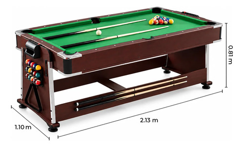 Mesa de pool billar 4 en 1 con medidas totales indicadas: 2.13 m de largo, 1.10 m de ancho y 0.80 m de alto