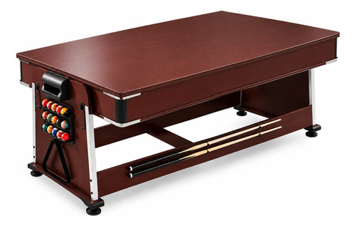 Mesa de pool billar de madera caoba con bolas de billar en lateral y ruedas, vista frontal