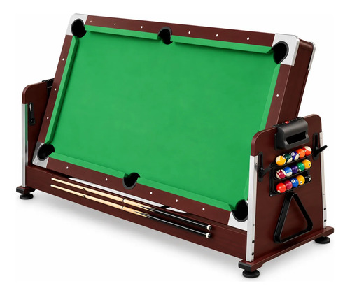 Mesa de pool billar con tapete verde, estructura marrón y accesorios de billar incluidos