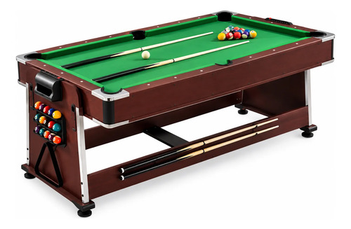 Mesa de pool billar 4 en 1 con tablero verde, bolas de billar y taco, estructura madera marrón con portabolas laterales