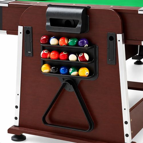 Organizador de bolas de billar de colores y dispensador de tiza instalados en la mesa de pool 4 en 1