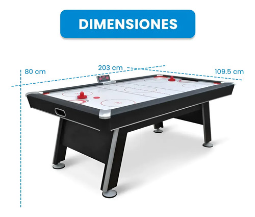 Mesa de tejo air hockey profesional con dimensiones técnicas: 203 cm largo, 109.5 cm ancho, 80 cm alto