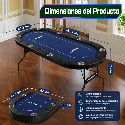 Mesa De Poker Plegable 8 Jugadores Texas Holdem Blackjack miniatura 2
