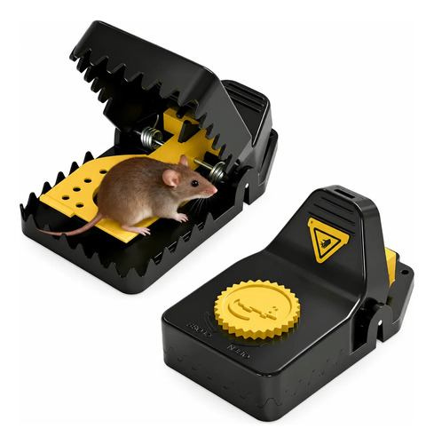 Pack de 2 trampas para ratas y ratones negras con detalles amarillos, una abierta con mecanismo de disparo visible y otra cerrada.