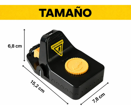 Trampa para ratas con especificaciones de tamaño: 6,8 cm alto, 15,2 cm largo, 7,8 cm ancho