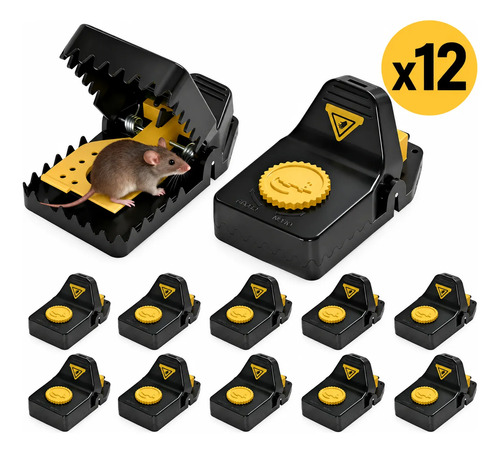 Pack de 12 trampas para ratas y ratones en negro y amarillo, incluye una trampa grande con rata capturada y vista de todas las unidades individuales.