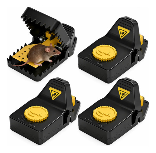 Pack de 4 trampas para ratas y ratones negras con detalles amarillos, una abierta mostrando captura