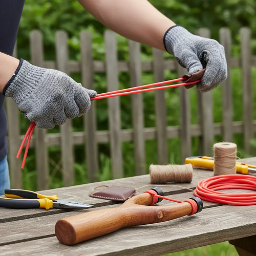 Manos con guantes grises sosteniendo goma roja enrollada, con accesorios de herramientas sobre mesa de madera.