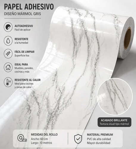 Papel Marmol Adhesivo Blanco Impermeable Resiste Calor 10mts Mármol miniatura 4