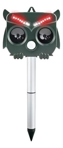 Repelente ultrasónico con diseño de búho verde, ojos LED rojos y pie para clavar en tierra