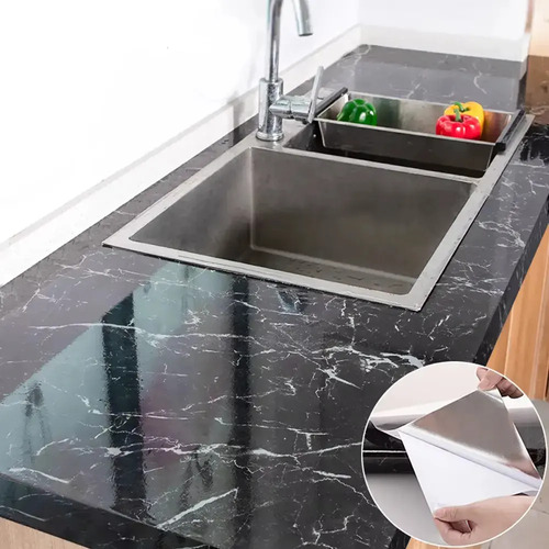 Papel Marmol Resistente Al Calor Impermeable Cocina Baño 10m Negro Símil Mármol miniatura 3