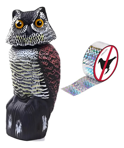 Pack de búho espanta palomas con cabeza giratoria y cinta holográfica ahuyenta pájaros de 110 metros